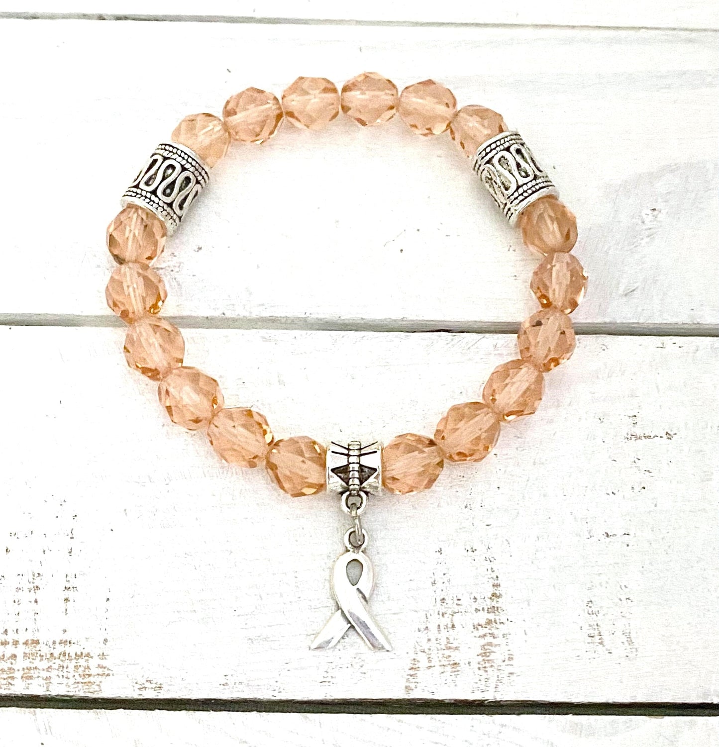 Peach Uterine Cancer Awareness Ribbon Beaded Charm Bracelet
