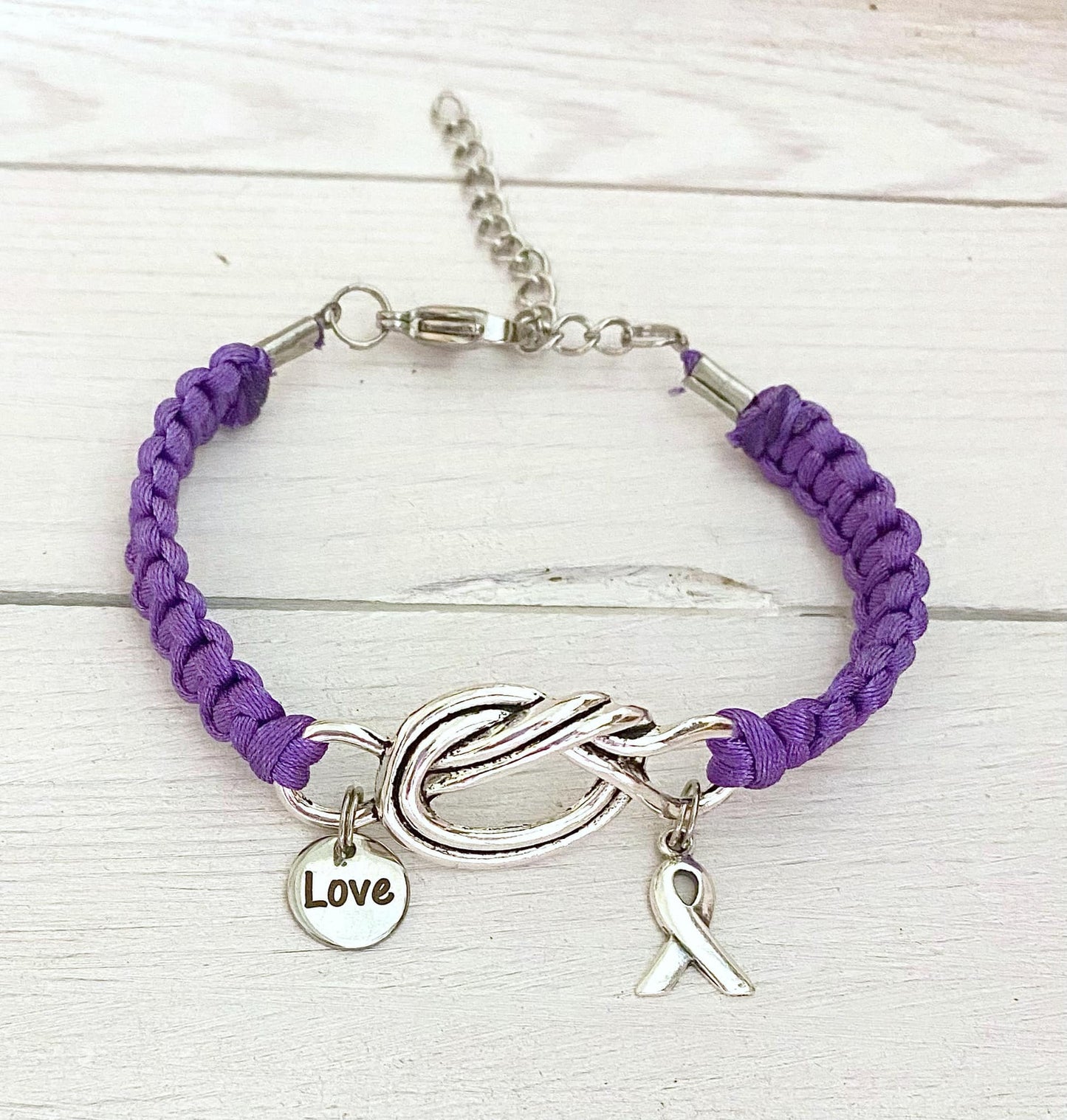 Purple Hope/Love Awareness Love Knot Ribbon Bracelet with Laser Engraved Charm
