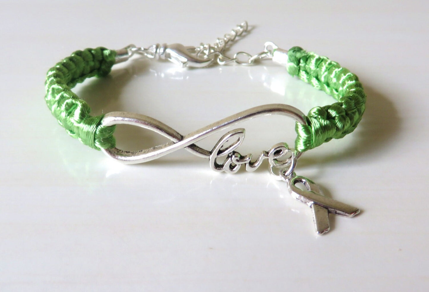 Lime Green Lymphoma Love Awareness Ribbon Charm Bracelet With Optional Hand Stamped Alphabet Initial Charm