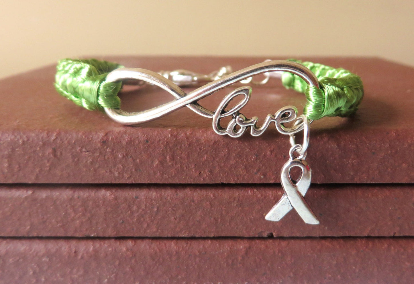 Lime Green Lymphoma Love Awareness Ribbon Charm Bracelet With Optional Hand Stamped Alphabet Initial Charm