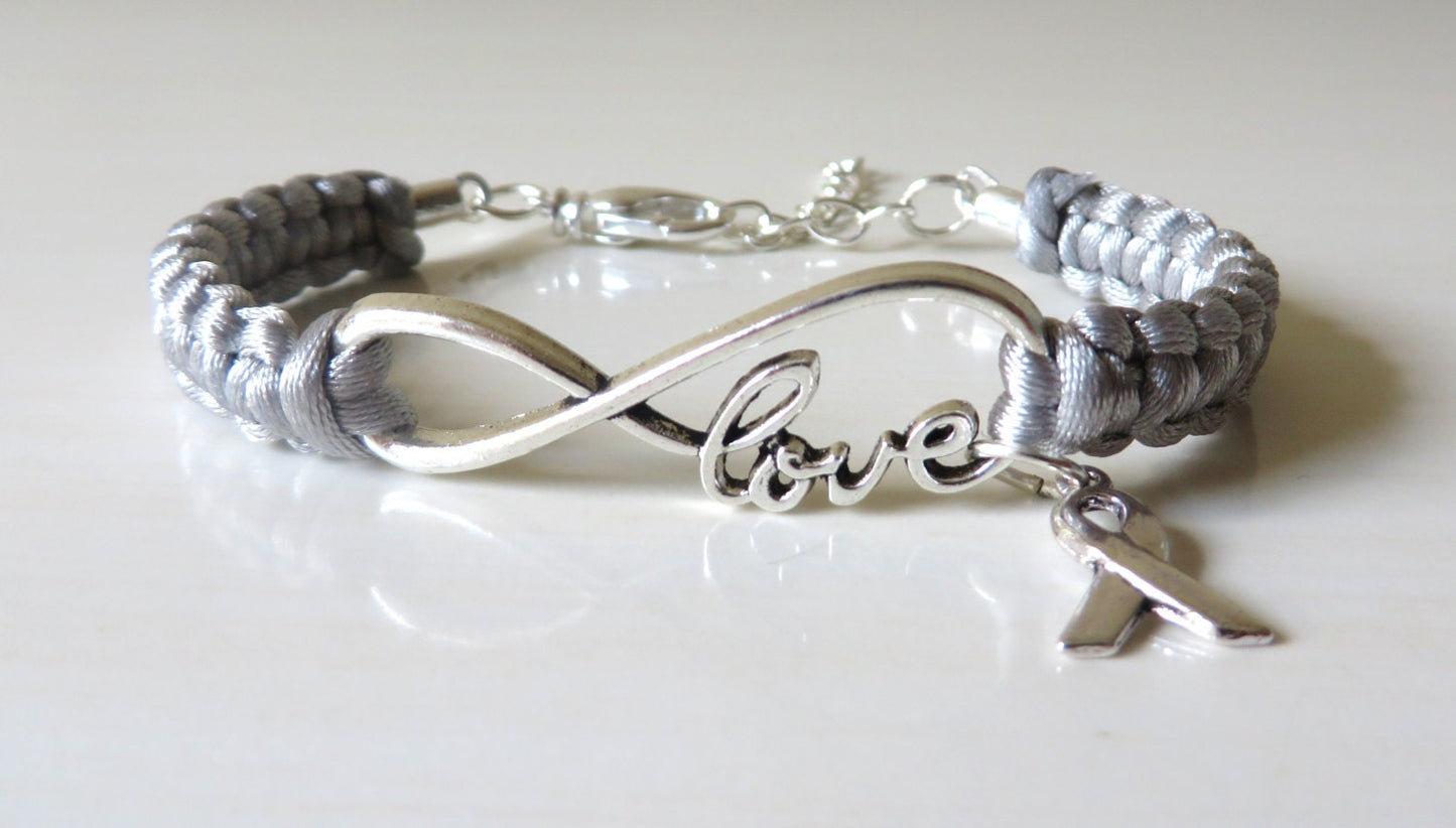 Grey Awareness Ribbon LOVE Macrame Charm Bracelet Brain Cancer Brain Tumor Brain Injury Diabetes Asthma Awareness Parkinsons Disease