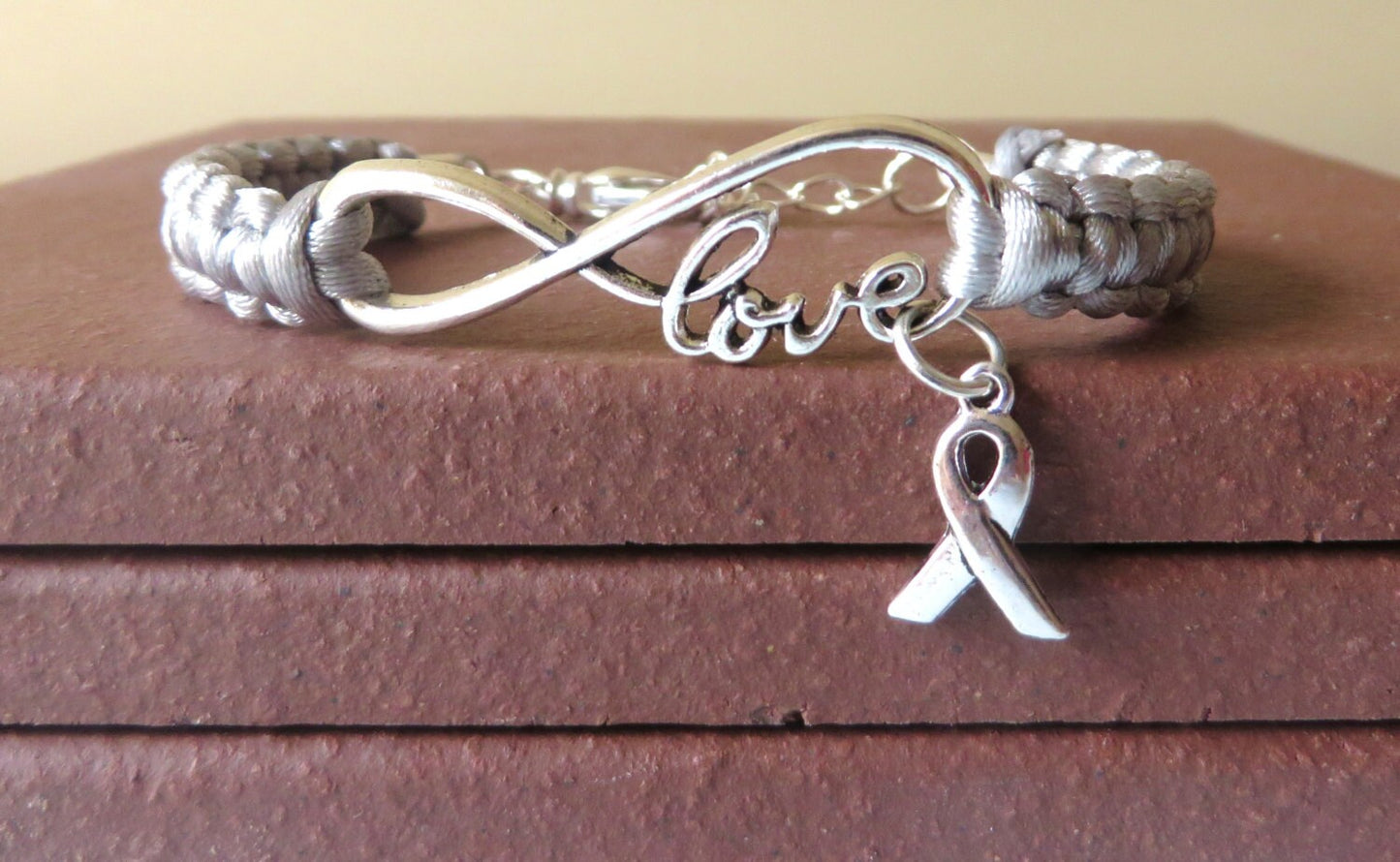 Grey Awareness Ribbon LOVE Macrame Charm Bracelet Brain Cancer Brain Tumor Brain Injury Diabetes Asthma Awareness Parkinsons Disease