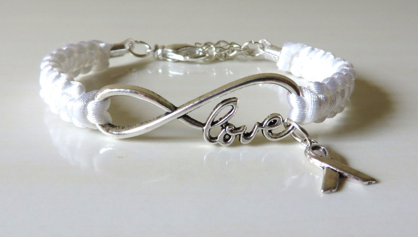 White Awareness Ribbon Charm LOVE Bracelet Lung Cancer Multiple Hereditary Exostoses Severe Combined Immune Deficiency Awareness