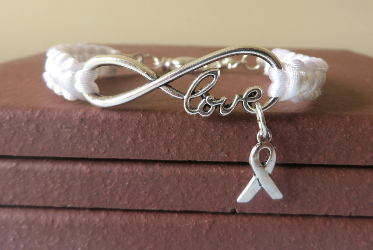 White Awareness Ribbon Charm LOVE Bracelet Lung Cancer Multiple Hereditary Exostoses Severe Combined Immune Deficiency Awareness