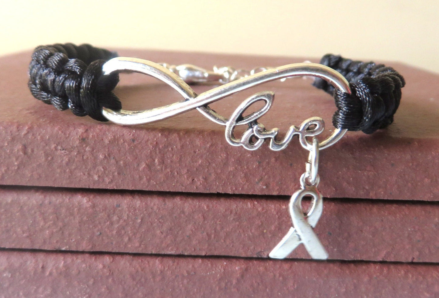 Melanoma LOVE Black Awareness Charm Bracelet with Optional Hand Stamped Alphabet Letter Charm