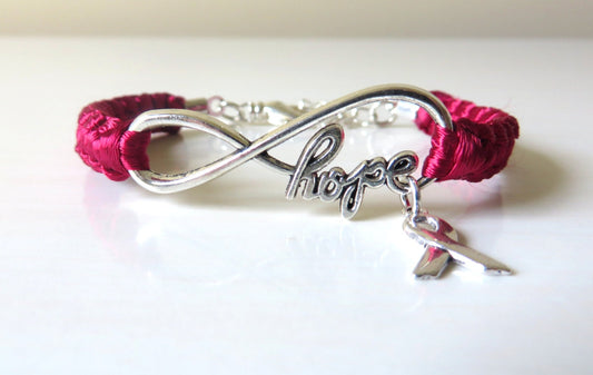 Burgundy Awareness Ribbon HOPE Macrame Bracelet Multiple Myeloma Oral Cancer Brain Aneurysm Migraine Amyloidosis Disabled Adults