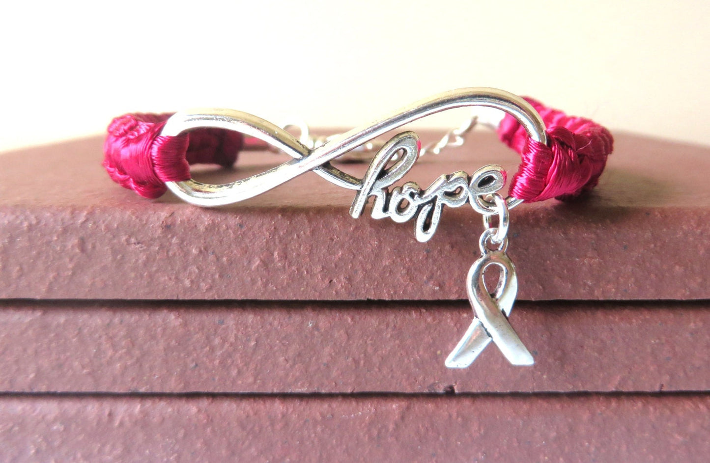 Burgundy Awareness Ribbon HOPE Macrame Bracelet Multiple Myeloma Oral Cancer Brain Aneurysm Migraine Amyloidosis Disabled Adults