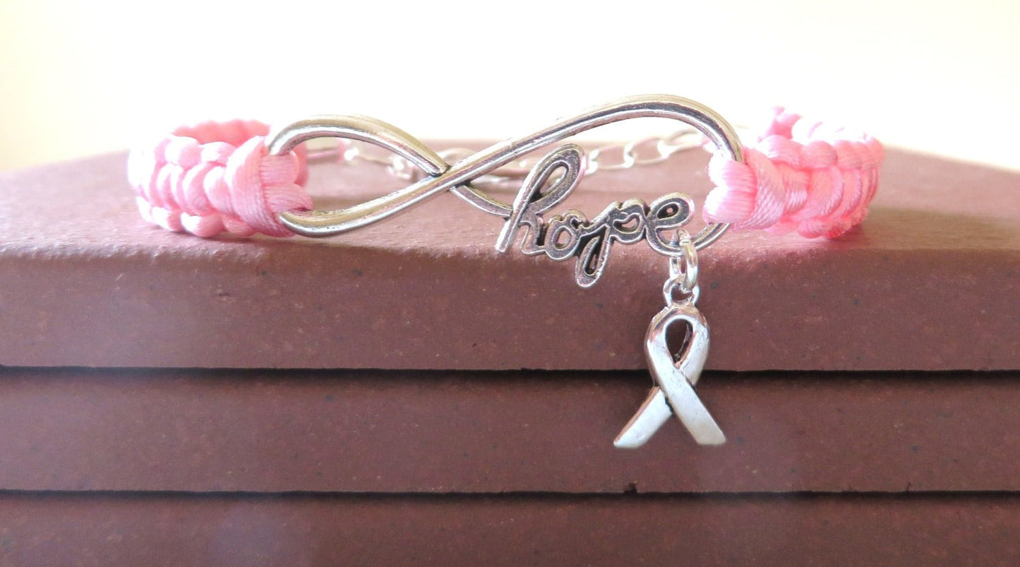 Pink Awareness Ribbon HOPE Macrame Bracelet Breast Cancer Testicular Cancer Birthparent Optional Hand Stamped Letter Charm