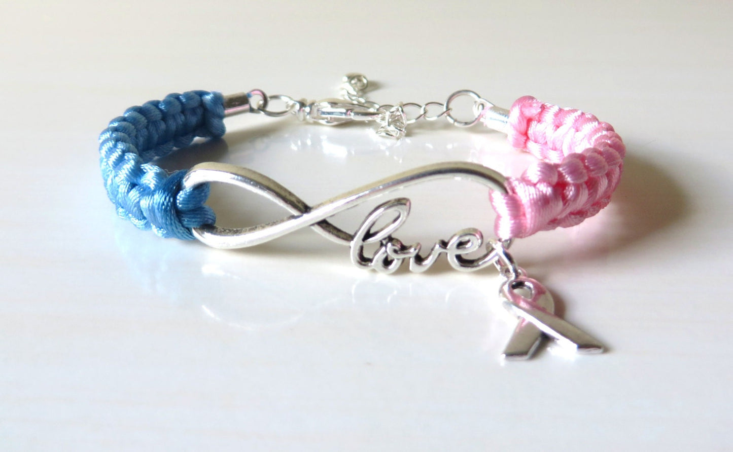 Pink/Blue Awareness Ribbon LOVE Charm Bracelet SIDS Pregnancy Infant Loss Infertility Inflammatory Breast Cancer Male Breast Cancer Pro Life