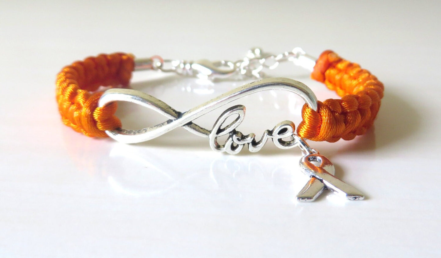 Orange Awareness Ribbon LOVE Charm Bracelet with Optional Hand Stamped Letter Initial Charm