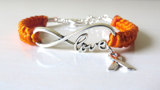 Orange Awareness Ribbon LOVE Charm Bracelet with Optional Hand Stamped Letter Initial Charm