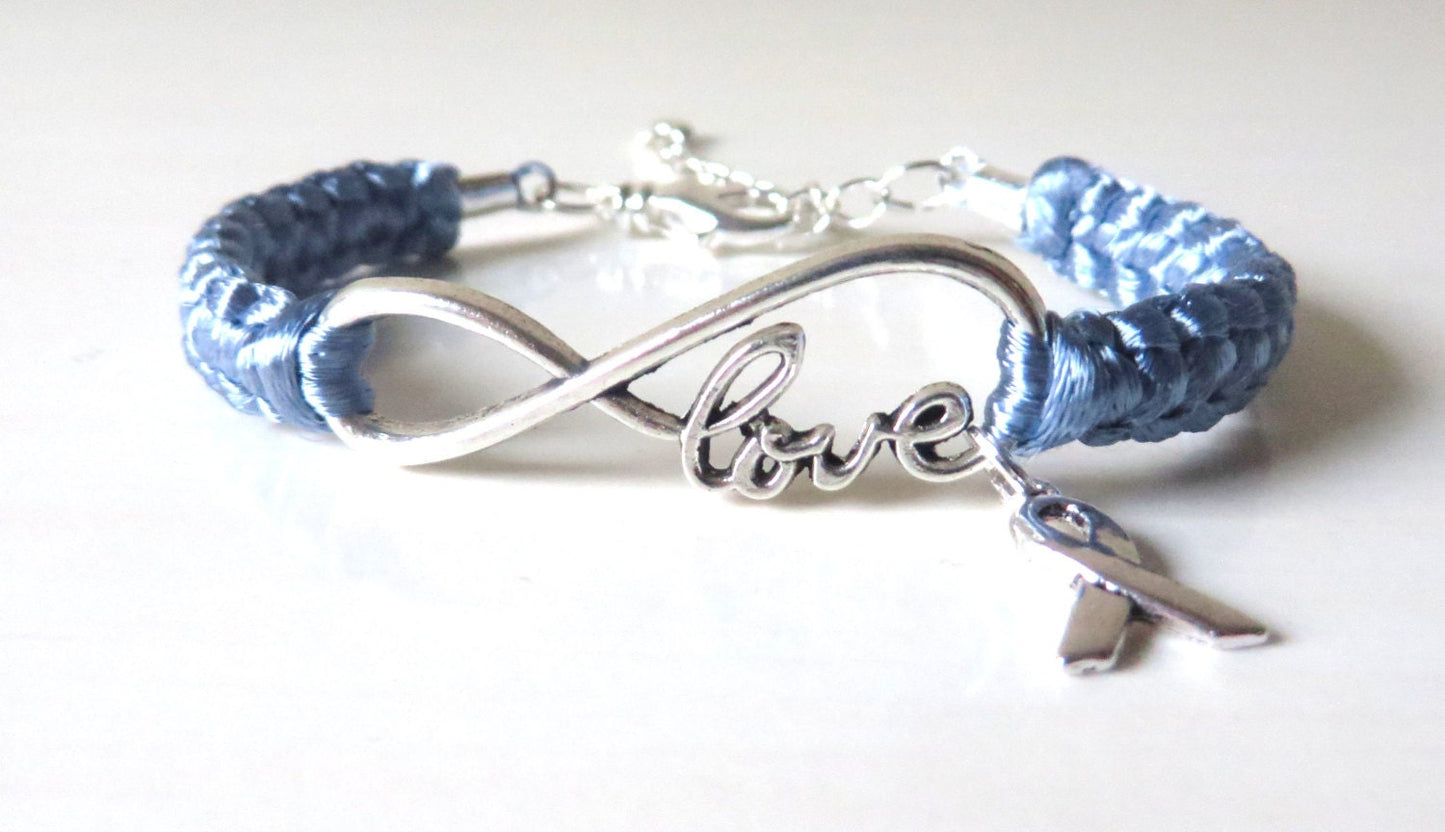 Periwinkle Awareness LOVE Bracelet with Optional Letter Charm Esophageal Cancer Stomach Cancer Eating Disorders Pulmonary Hypertension