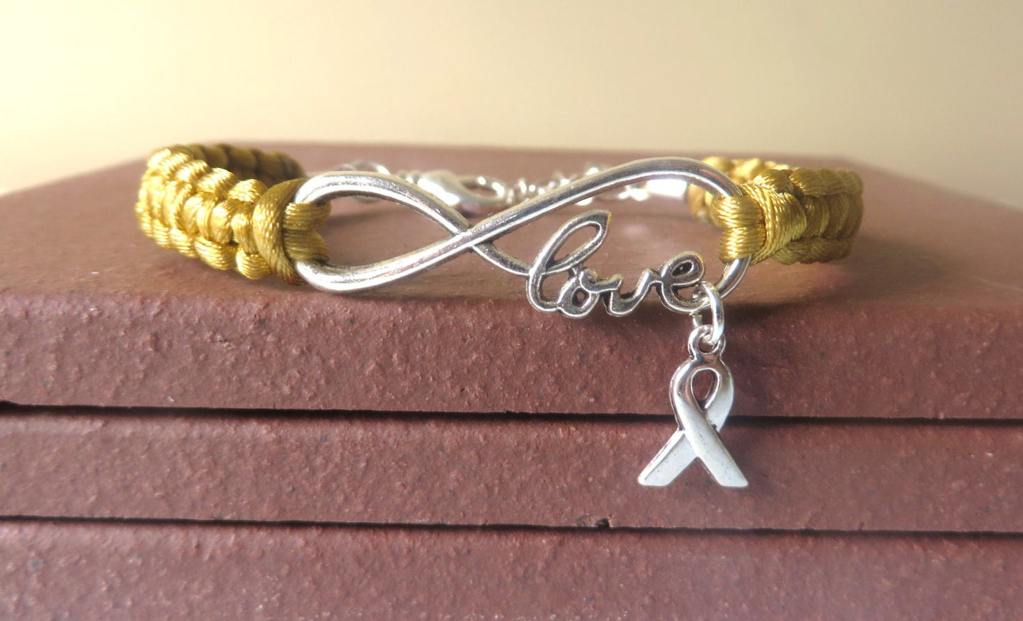 Childhood Cancer Gold Awareness Bracelet with Optional Hand Stamped Letter Initial Charm