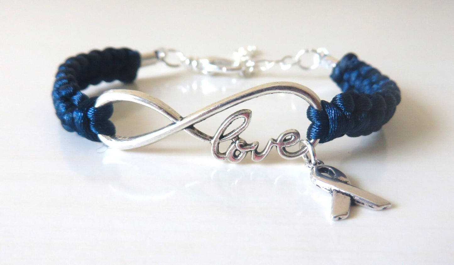 Blue Awareness LOVE Ribbon Charm Bracelet Colon Cancer Arthritis Child Abuse Dystonia Reyes Syndrome Chronic Fatigue Myalgic Encephalopathy