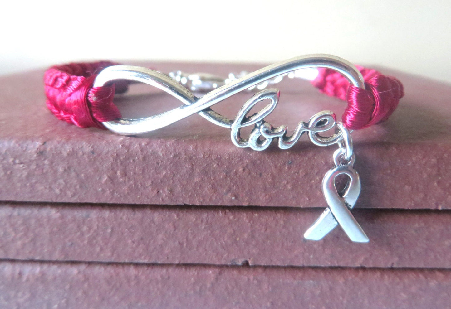 Burgundy Awareness Ribbon LOVE Macrame Bracelet Multiple Myeloma Oral Cancer Brain Aneurysm Migraine Amyloidosis Disabled Adults