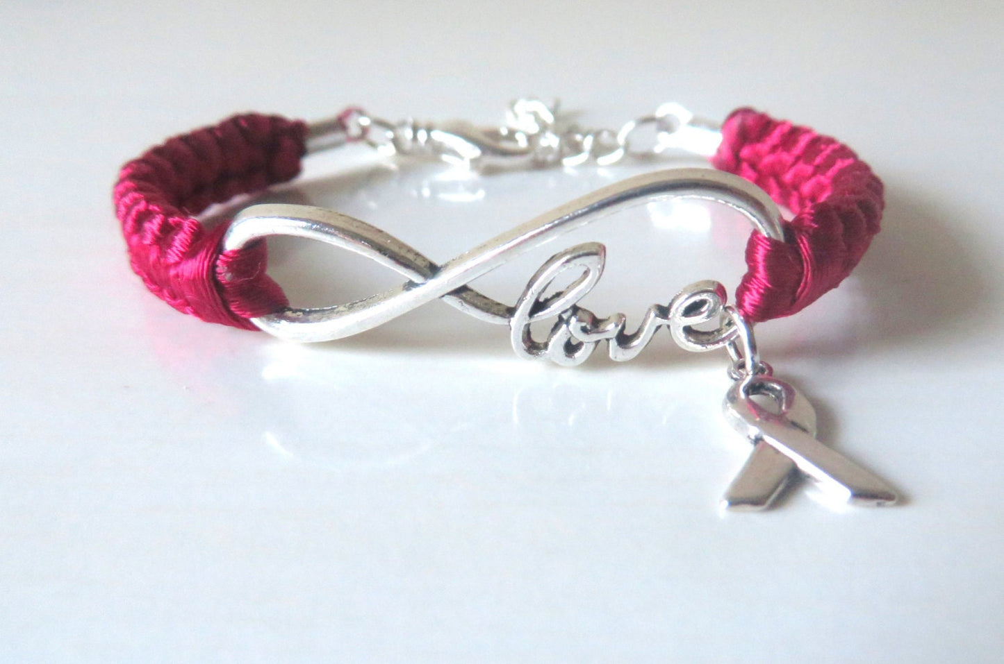 Burgundy Awareness Ribbon LOVE Macrame Bracelet Multiple Myeloma Oral Cancer Brain Aneurysm Migraine Amyloidosis Disabled Adults
