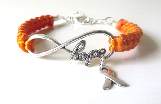 Orange Awareness Ribbon HOPE Charm Bracelet with Optional Hand Stamped Letter Initial Charm