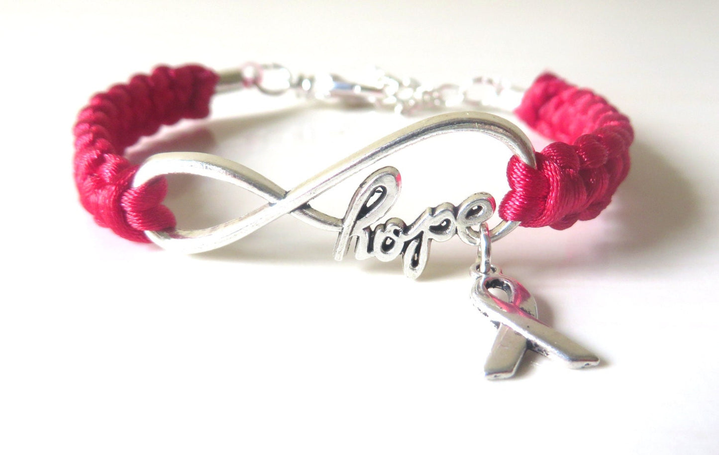 Red HOPE Awareness Ribbon Charm Bracelet Heart Disease HIV AIDS Epidermolysis Bullosa Dui Dare Optional Hand Stamped Letter Charm