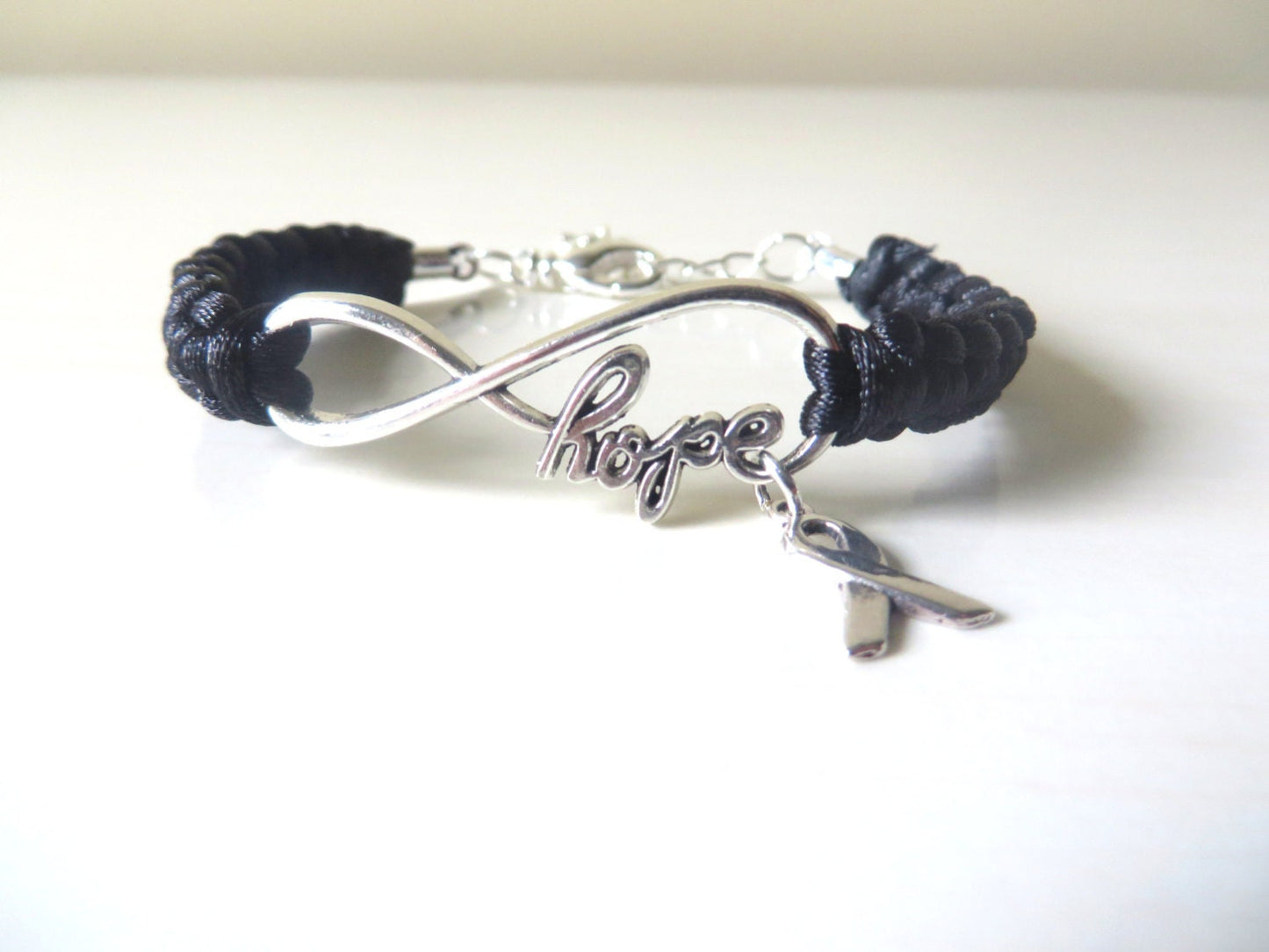 Melanoma HOPE Black Awareness Charm Bracelet with Optional Hand Stamped Alphabet Letter Charm