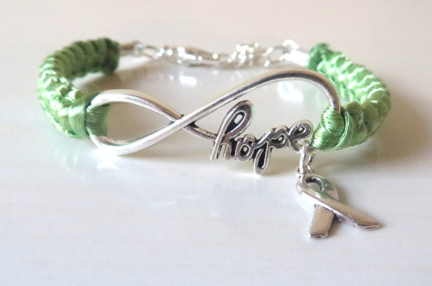 Lime Green HOPE Lymphoma Awareness Ribbon Charm Bracelet With Optional Hand Stamped Alphabet Initial Charm