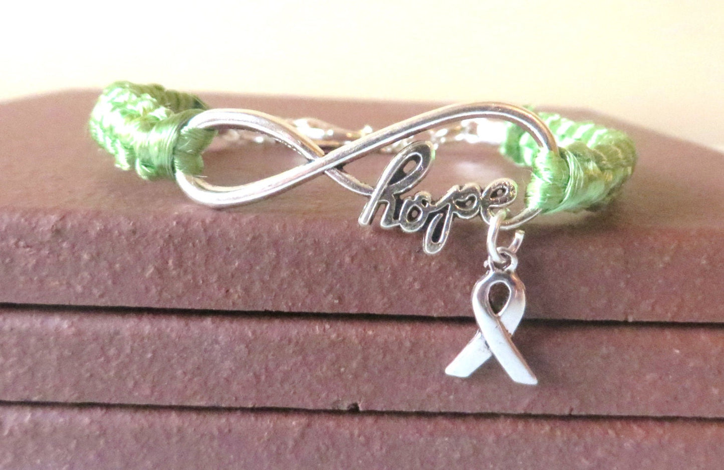Lime Green HOPE Lymphoma Awareness Ribbon Charm Bracelet With Optional Hand Stamped Alphabet Initial Charm