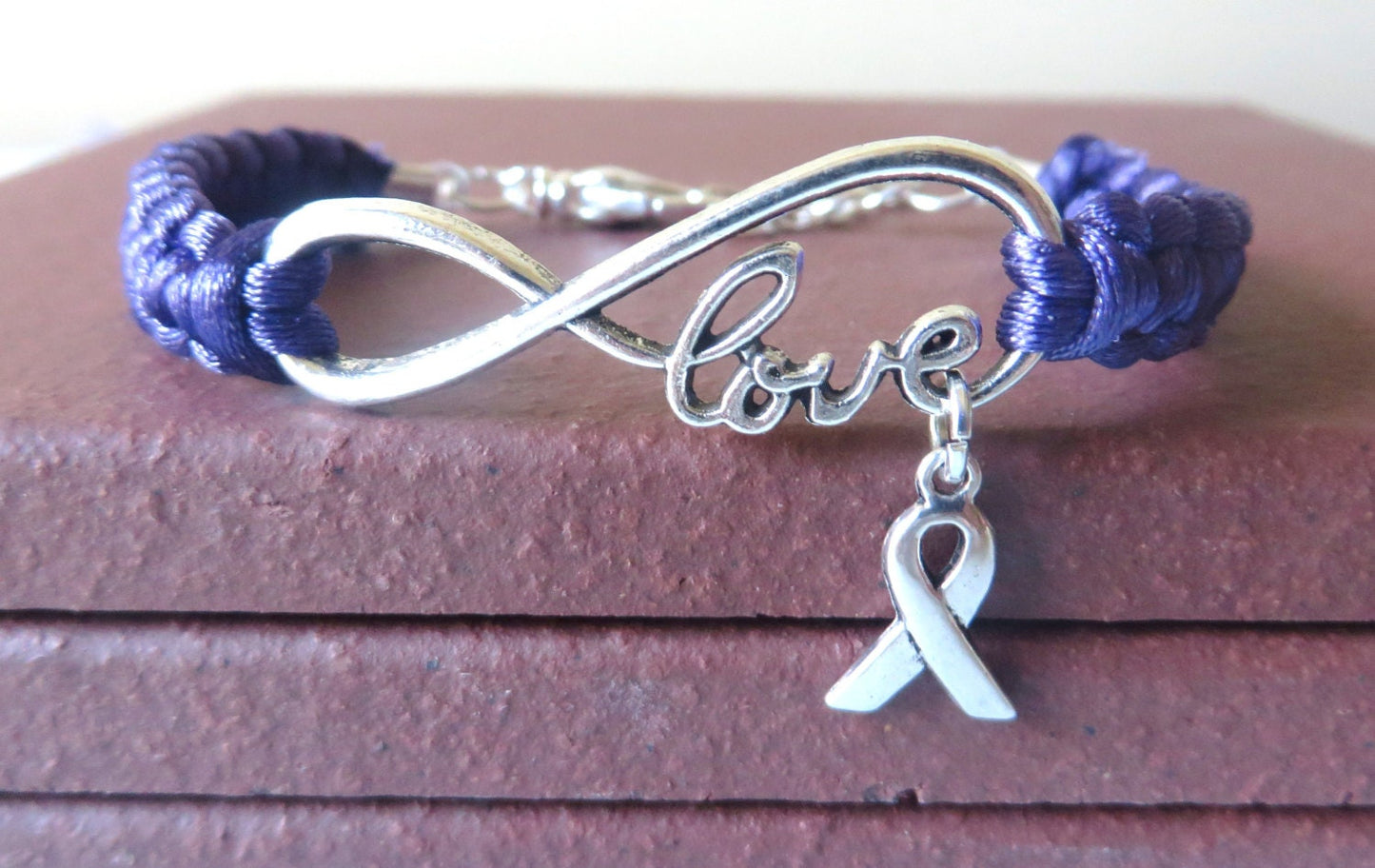 Purple Awareness Ribbon LOVE Charm Bracelet Pancreatic Cancer Alzheimers Dementia Crohns Disease Domestic Violence Foster Care Sarcoidosis
