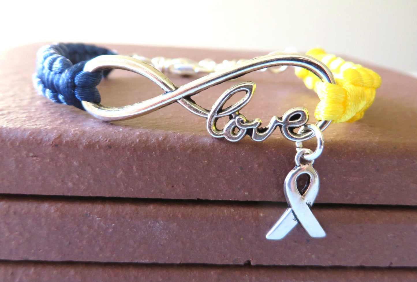 Down Syndrome LOVE Awareness Ribbon Charm Bracelet With Optional Hand Stamped Alphabet Letter Charm