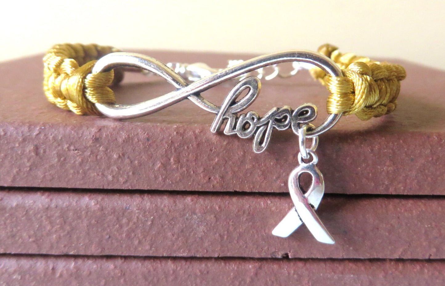 Childhood Cancer HOPE Gold Awareness Bracelet with Optional Hand Stamped Letter Initial Charm