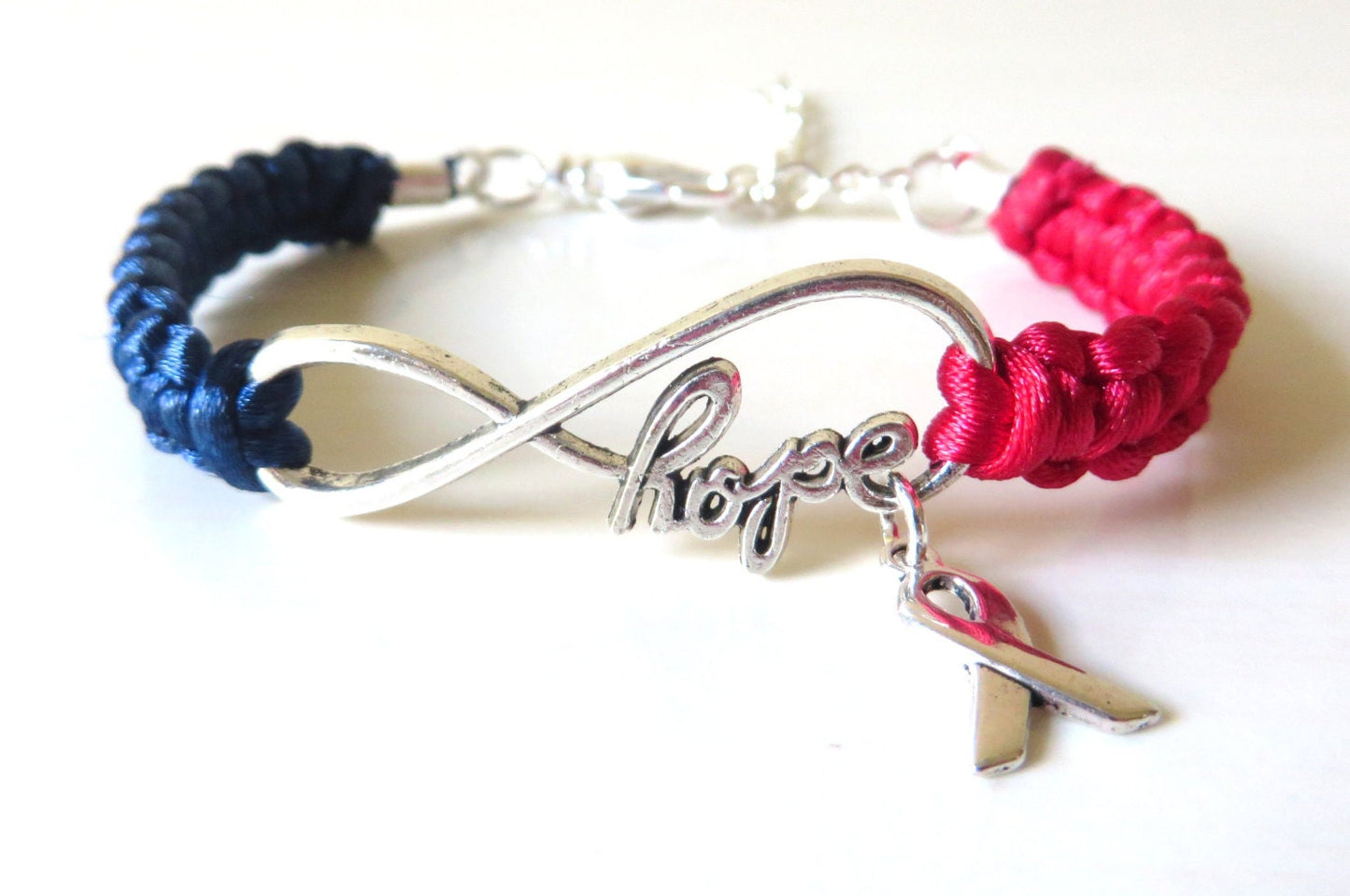 Red and Blue Awareness Ribbon HOPE Macrame Bracelet Congenital Heart Disease Pulmonary Fibrosis SADS Hypo Plastic Left Heart Syndrome