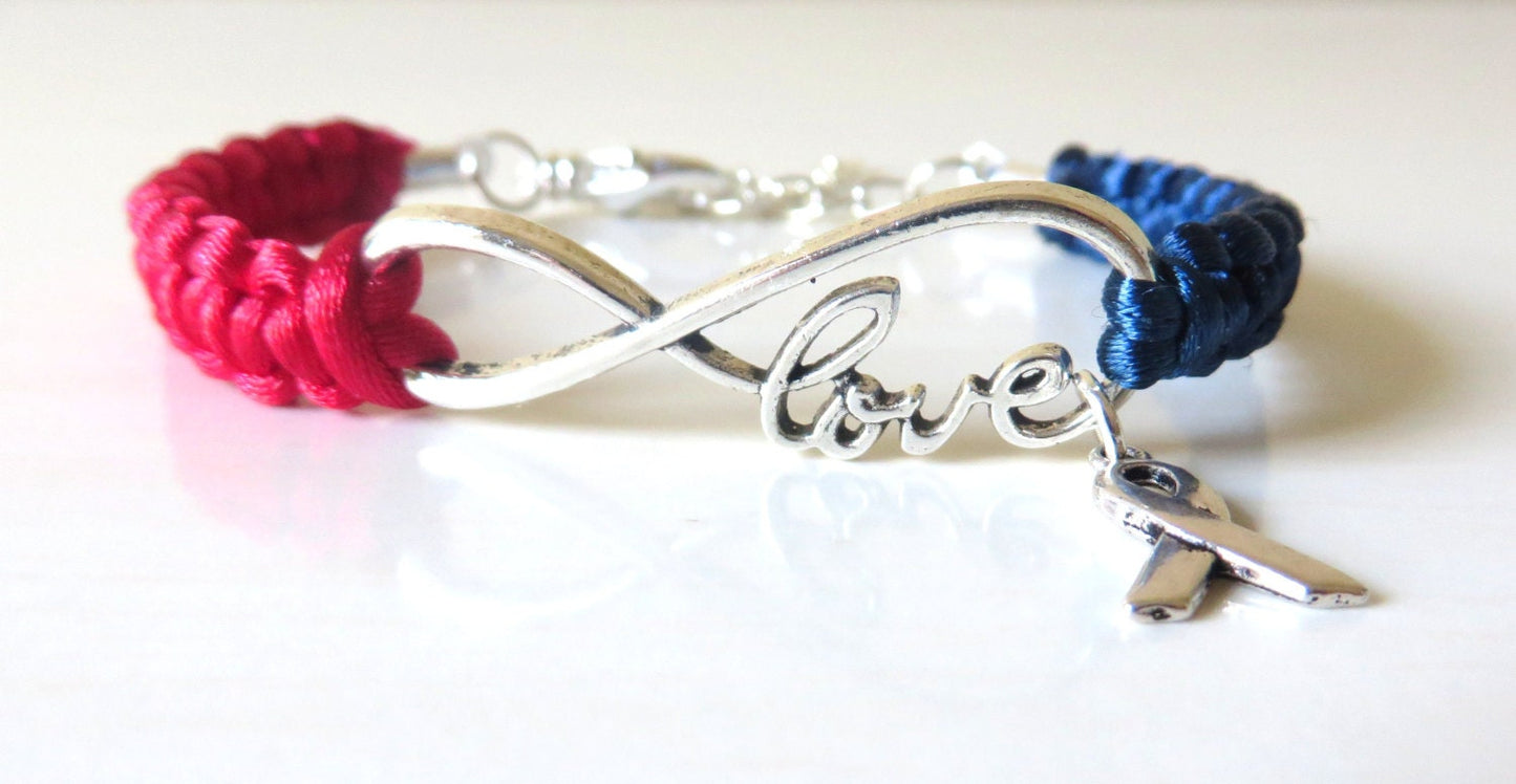 Red and Blue Awareness Ribbon LOVE Macrame Bracelet Congenital Heart Disease Pulmonary Fibrosis SADS Hypo Plastic Left Heart Syndrome