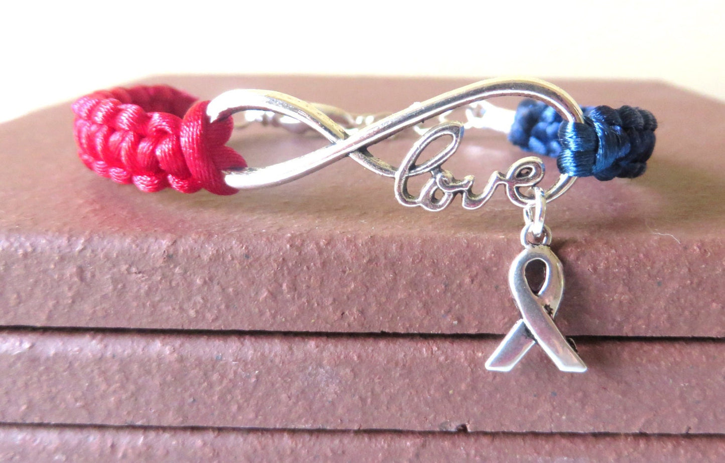 Red and Blue Awareness Ribbon LOVE Macrame Bracelet Congenital Heart Disease Pulmonary Fibrosis SADS Hypo Plastic Left Heart Syndrome