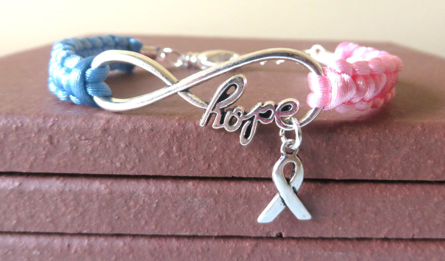 Pink/Blue Awareness Ribbon HOPE Charm Bracelet SIDS Pregnancy Infant Loss Infertility Inflammatory Breast Cancer Male Breast Cancer Pro Life