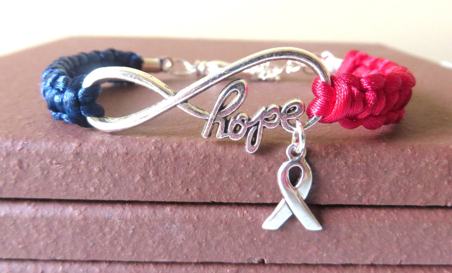 Red and Blue Awareness Ribbon HOPE Macrame Bracelet Congenital Heart Disease Pulmonary Fibrosis SADS Hypo Plastic Left Heart Syndrome