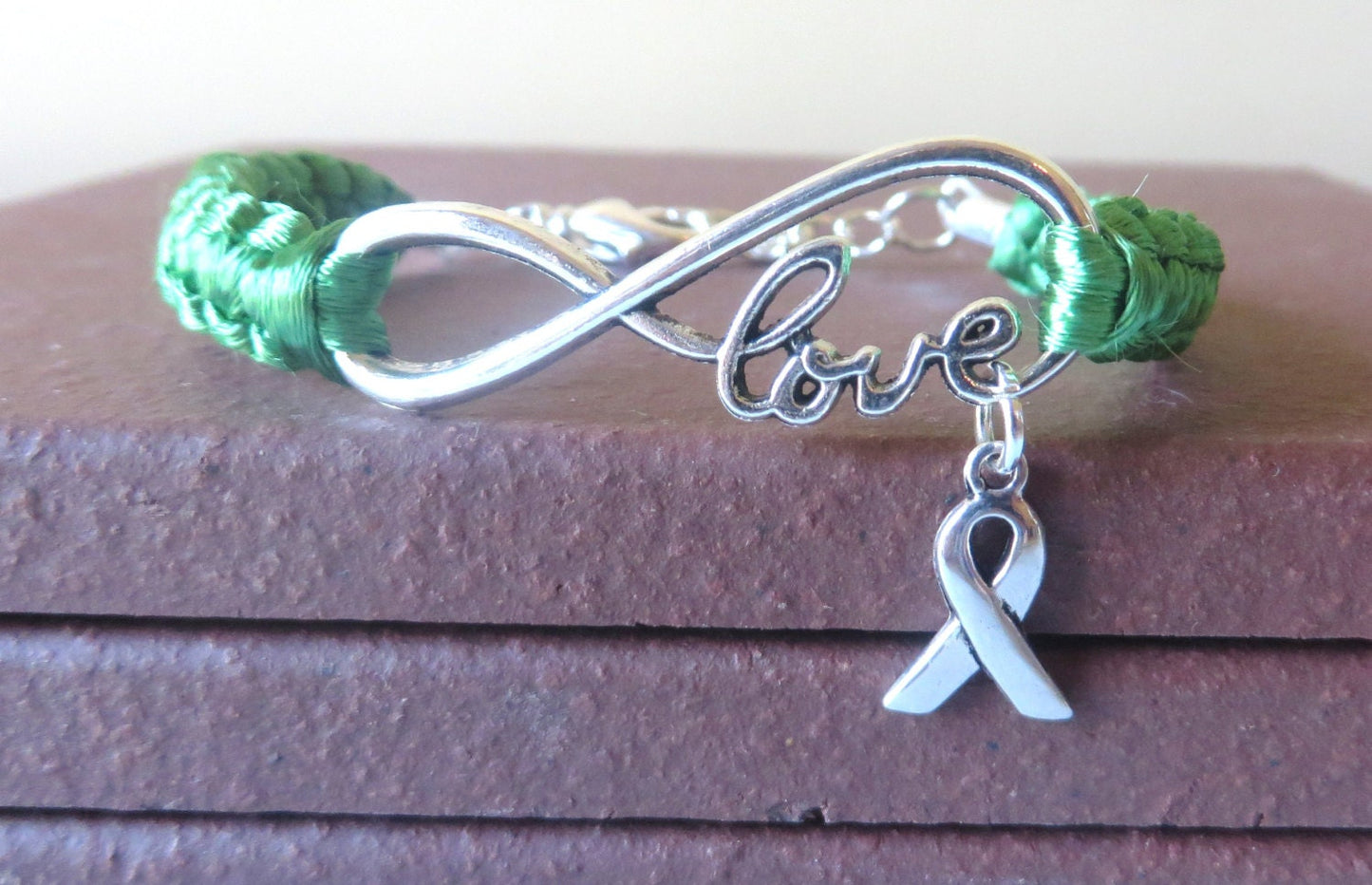 Liver Cancer Celiac Disease LOVE Emerald Green Awareness Ribbon Infinity Charm Bracelet With Optional Hand Stamped Alphabet Initial Charm