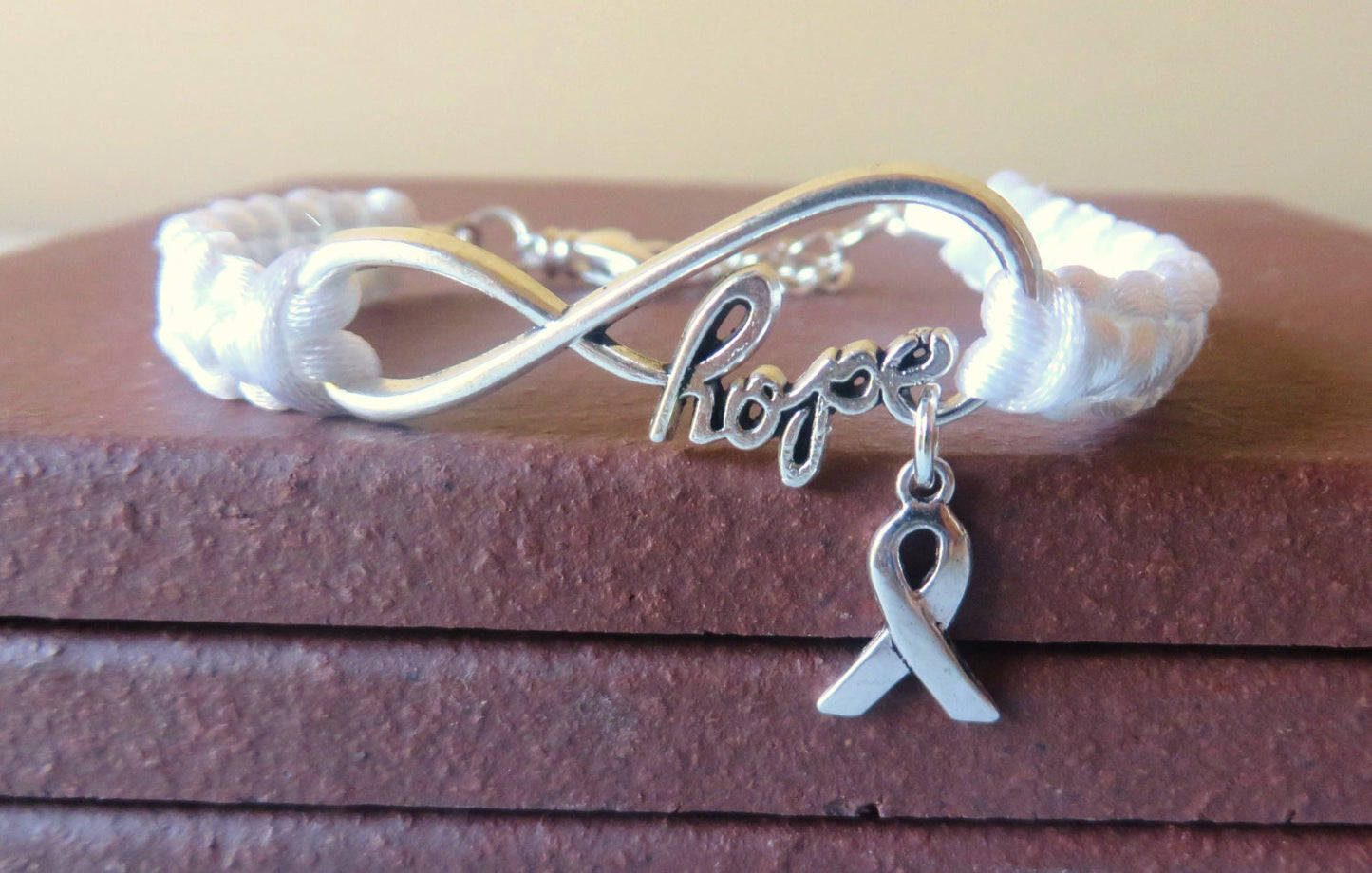 White Awareness Ribbon Charm HOPE Bracelet Lung Cancer Multiple Hereditary Exostoses Severe Combined Immune Deficiency Awareness