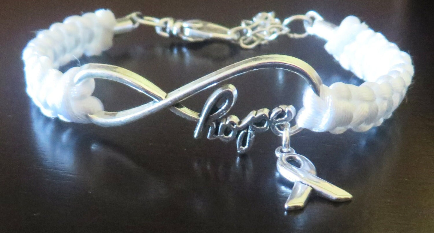 White Awareness Ribbon Charm HOPE Bracelet Lung Cancer Multiple Hereditary Exostoses Severe Combined Immune Deficiency Awareness