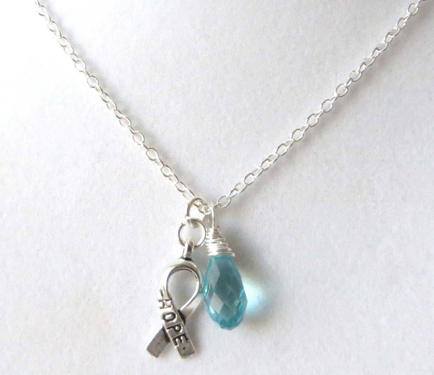 Light Blue Prostate Cancer Awareness Hope Survivor Silver Ribbon Pendant Necklace You Choose Ribbon Design
