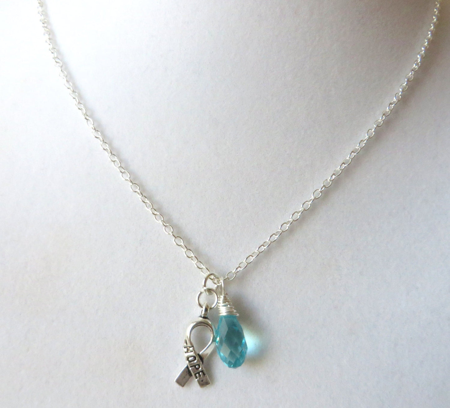 Light Blue Prostate Cancer Awareness Hope Survivor Silver Ribbon Pendant Necklace You Choose Ribbon Design