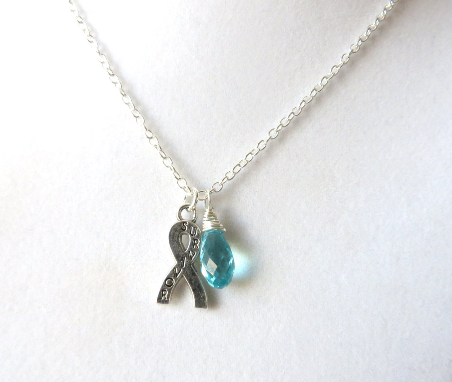 Light Blue Prostate Cancer Awareness Hope Survivor Silver Ribbon Pendant Necklace You Choose Ribbon Design
