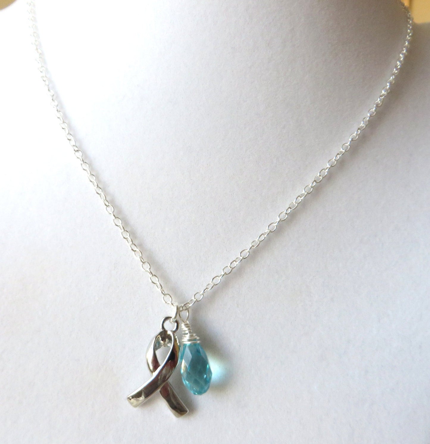 Light Blue Prostate Cancer Awareness Hope Survivor Silver Ribbon Pendant Necklace You Choose Ribbon Design