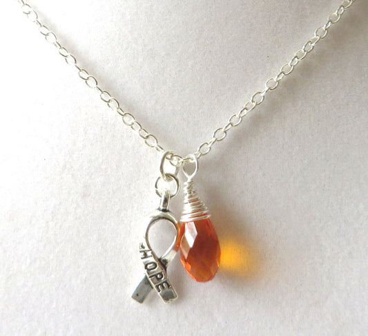 Orange Awareness Ribbon  Hope Survivor Silver Ribbon Pendant Necklace You Choose Ribbon Design