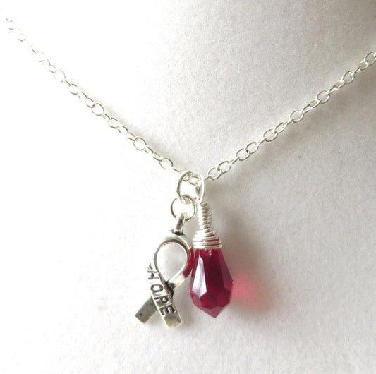 Burgundy Awareness Ribbon  Hope Survivor Silver Ribbon Pendant Necklace You Choose Ribbon Design