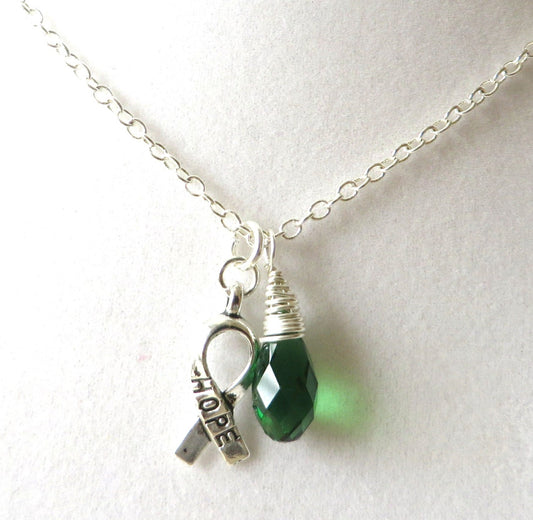 Green Awareness Ribbon  Hope Survivor Silver Ribbon Pendant Necklace You Choose Ribbon Design