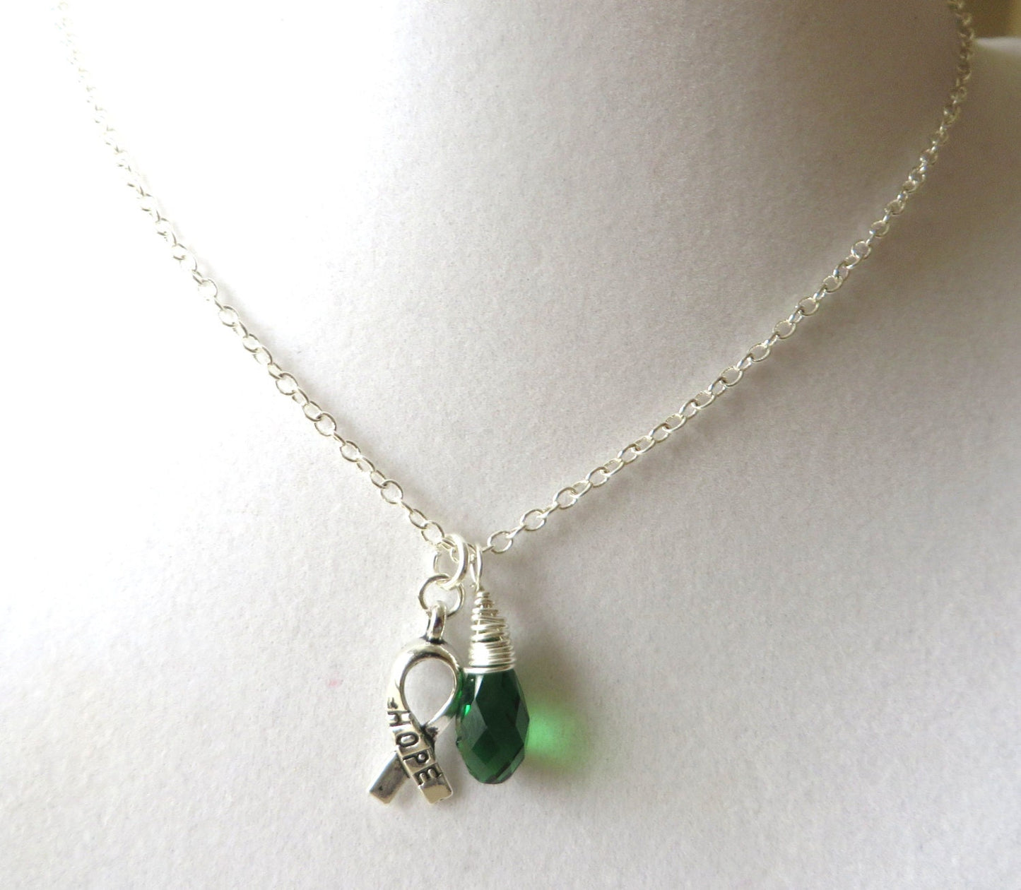 Green Awareness Ribbon  Hope Survivor Silver Ribbon Pendant Necklace You Choose Ribbon Design