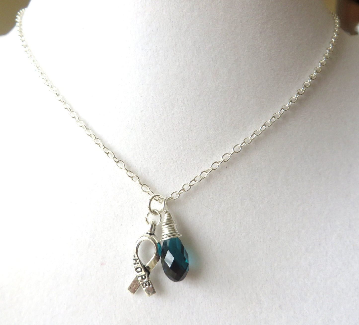 Teal Awareness Ribbon Hope Survivor Silver Ribbon Pendant Necklace You Choose Ribbon Design