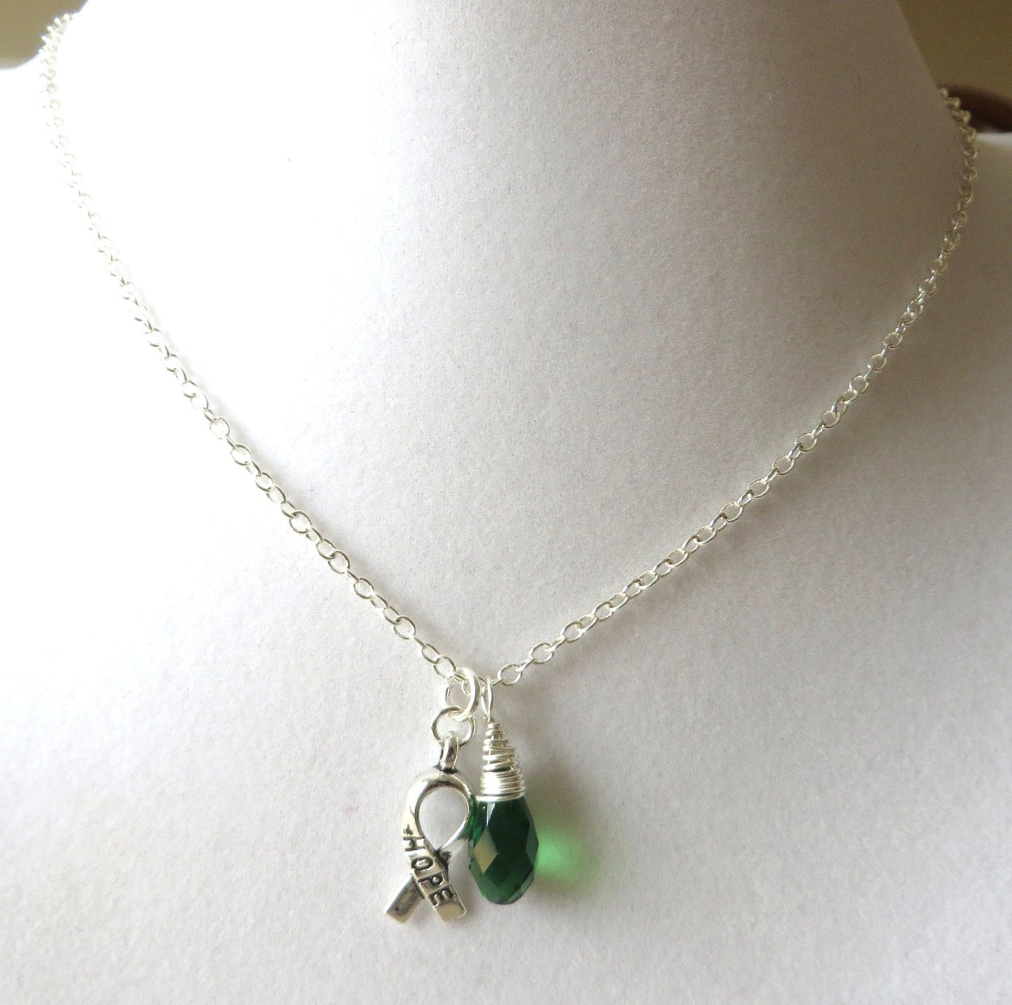 Green Awareness Ribbon  Hope Survivor Silver Ribbon Pendant Necklace You Choose Ribbon Design