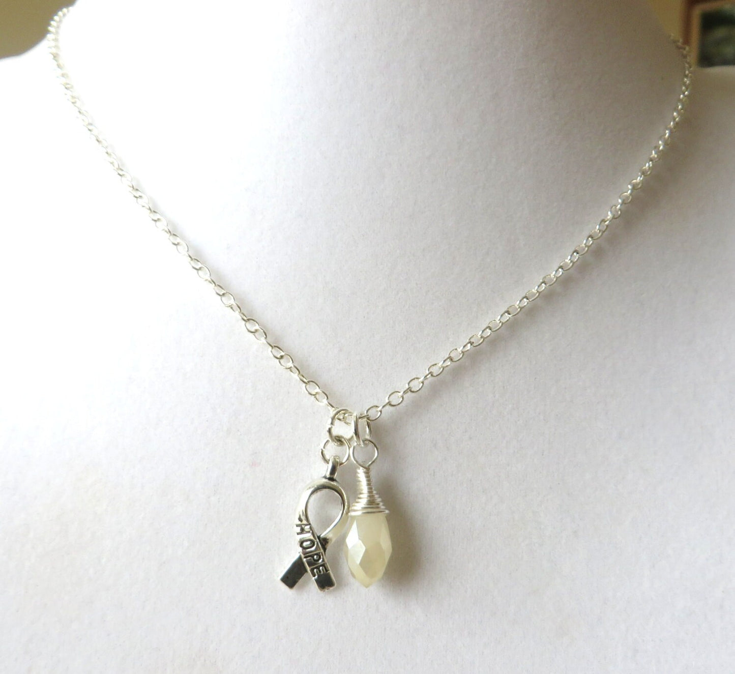 White Awareness Ribbon Hope Survivor Silver Ribbon Pendant Necklace You Choose Ribbon Design