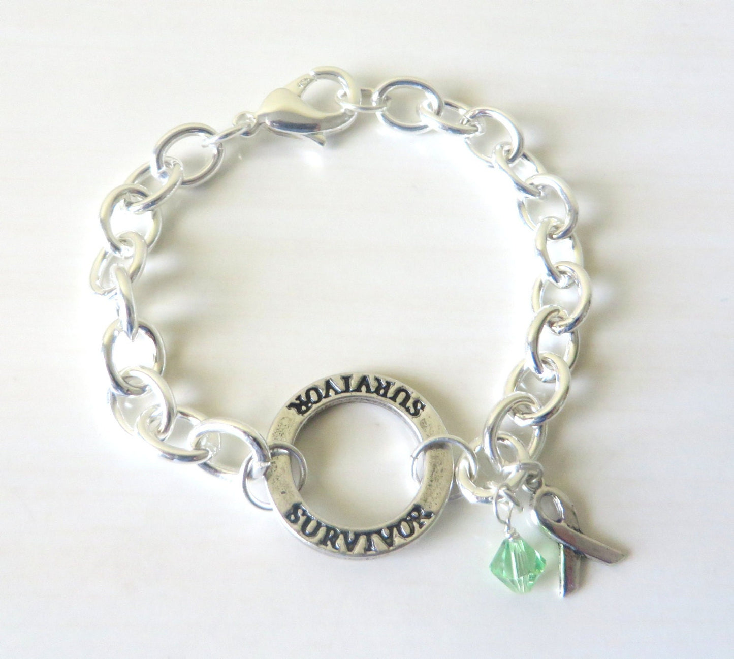 Lymphoma Survivor Lime Green Charm Bracelet Crystal Charm and Sterling Silver Awareness Ribbon Charm
