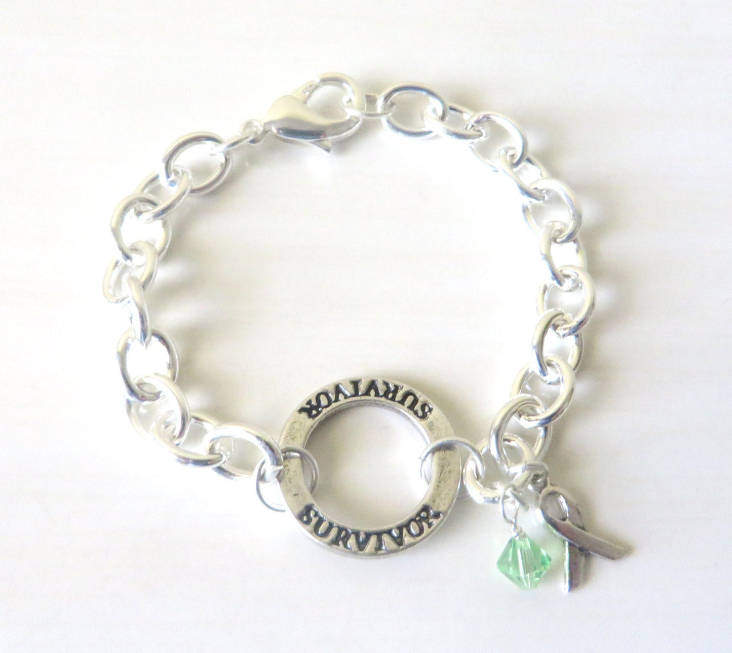 Lymphoma Survivor Lime Green Charm Bracelet Crystal Charm and Sterling Silver Awareness Ribbon Charm
