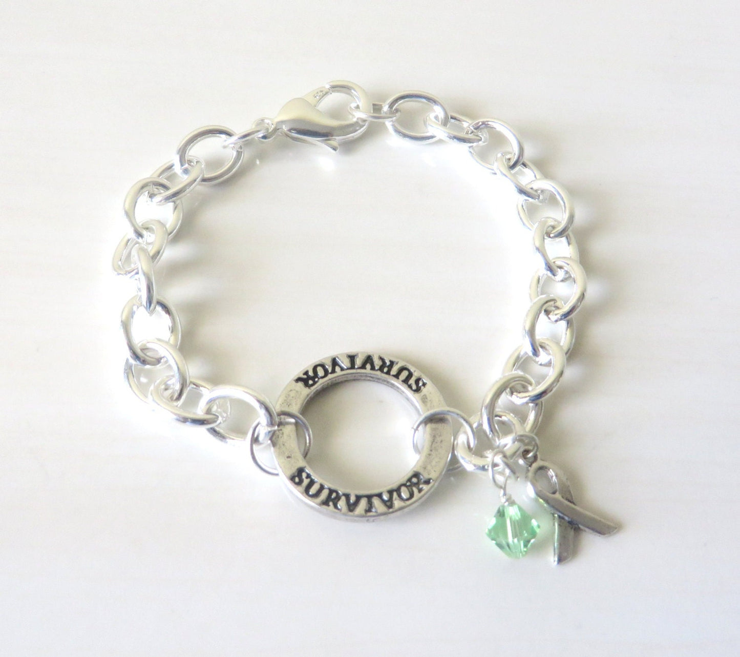 Lymphoma Survivor Lime Green Charm Bracelet Crystal Charm and Sterling Silver Awareness Ribbon Charm